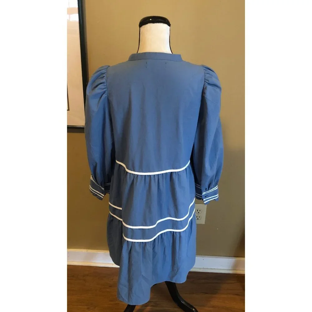 Pomander Place Tuckernuck blue white tiered linen blend dress - Picture 5 of 6